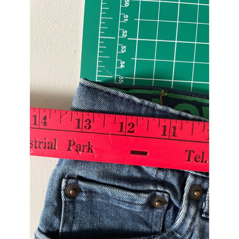 Levi Strauss Upcycled Denim Mini Skirt Blue White Graphic Numbered Size 7 26W - Picture 4 of 4